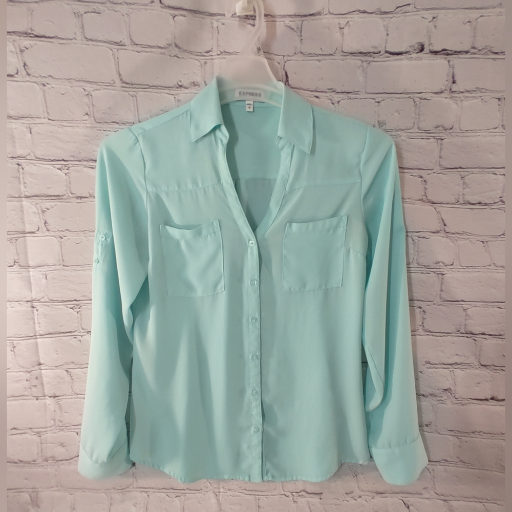 Express Portofino Womens Small Top Pastel Blouse Convertible Sleeve Acqua